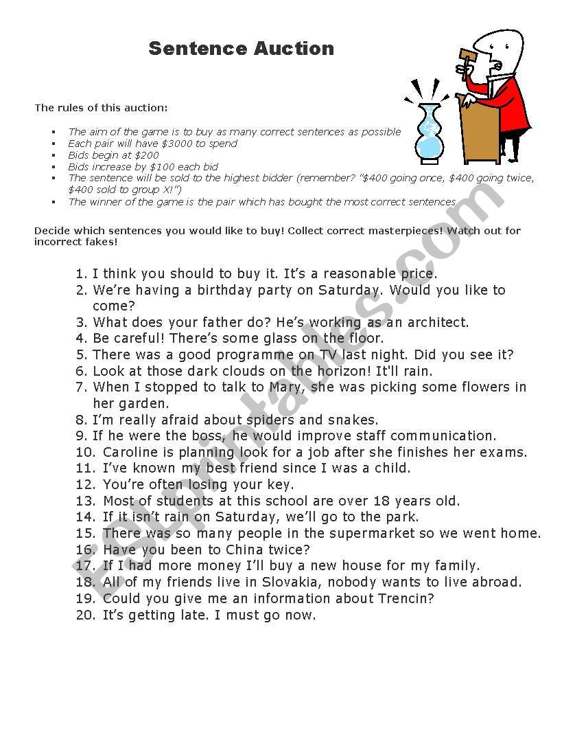 Sentence Auction Game worksheet