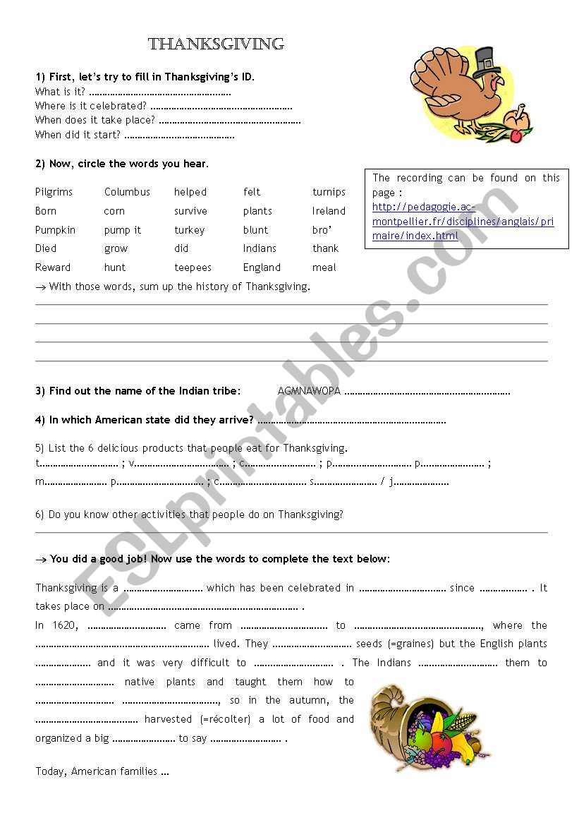 The History of Thanksgiving worksheet