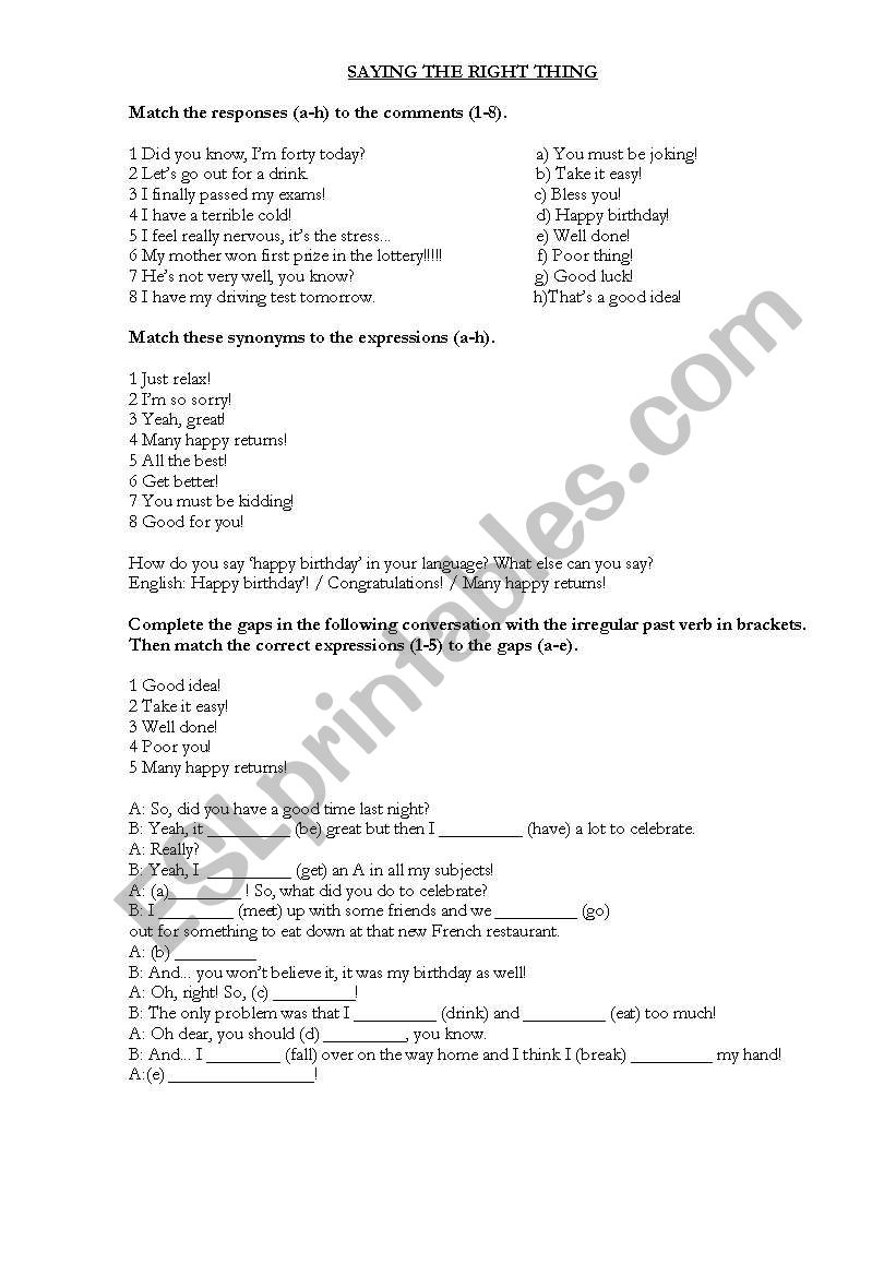 SAYING THE RIGHT THING worksheet