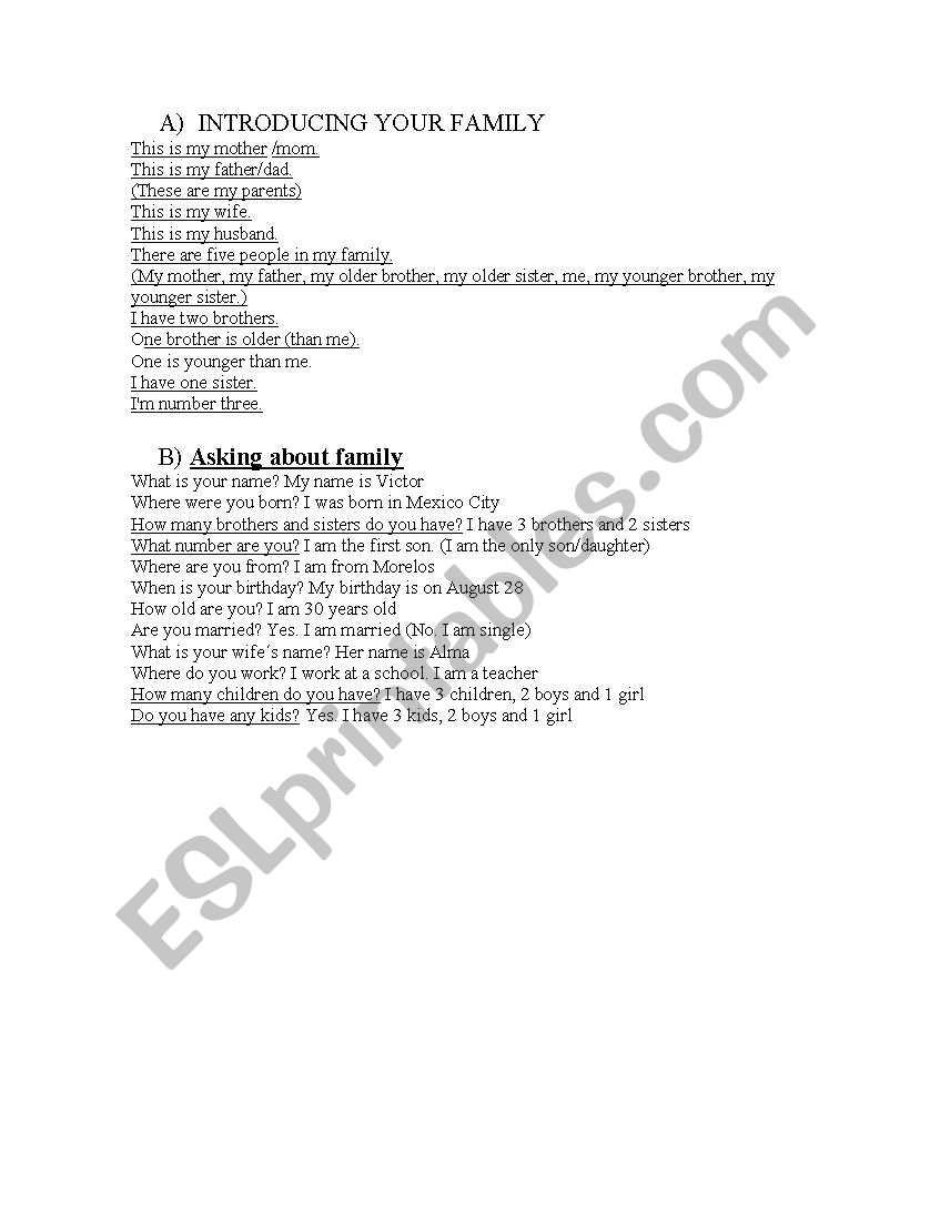 Introducing and asking about family