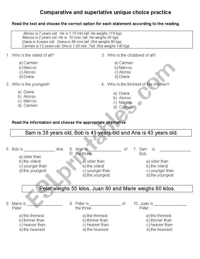 Comparative and superlative unique choice practice