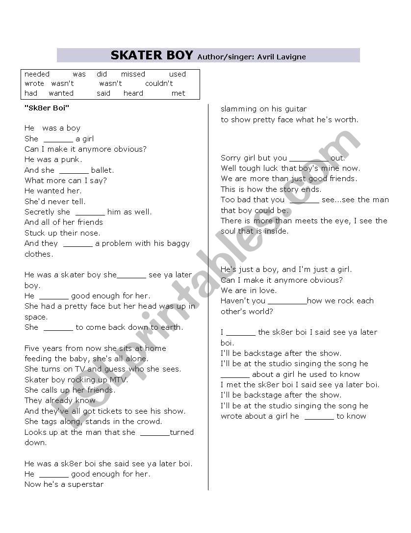 SKATER BOY song worksheet  worksheet