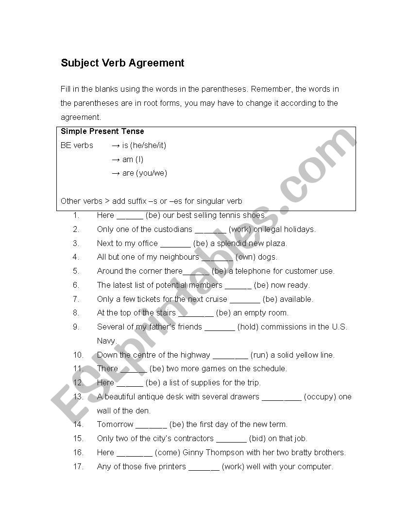 Subject Verb Agreement worksheet