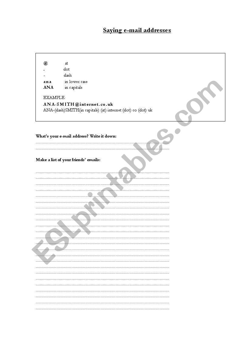 HOW TO WRITE E-MAIL ADDRESSES worksheet
