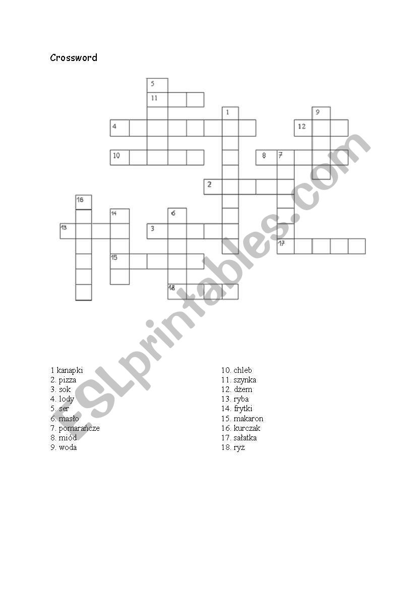 Food crossword worksheet