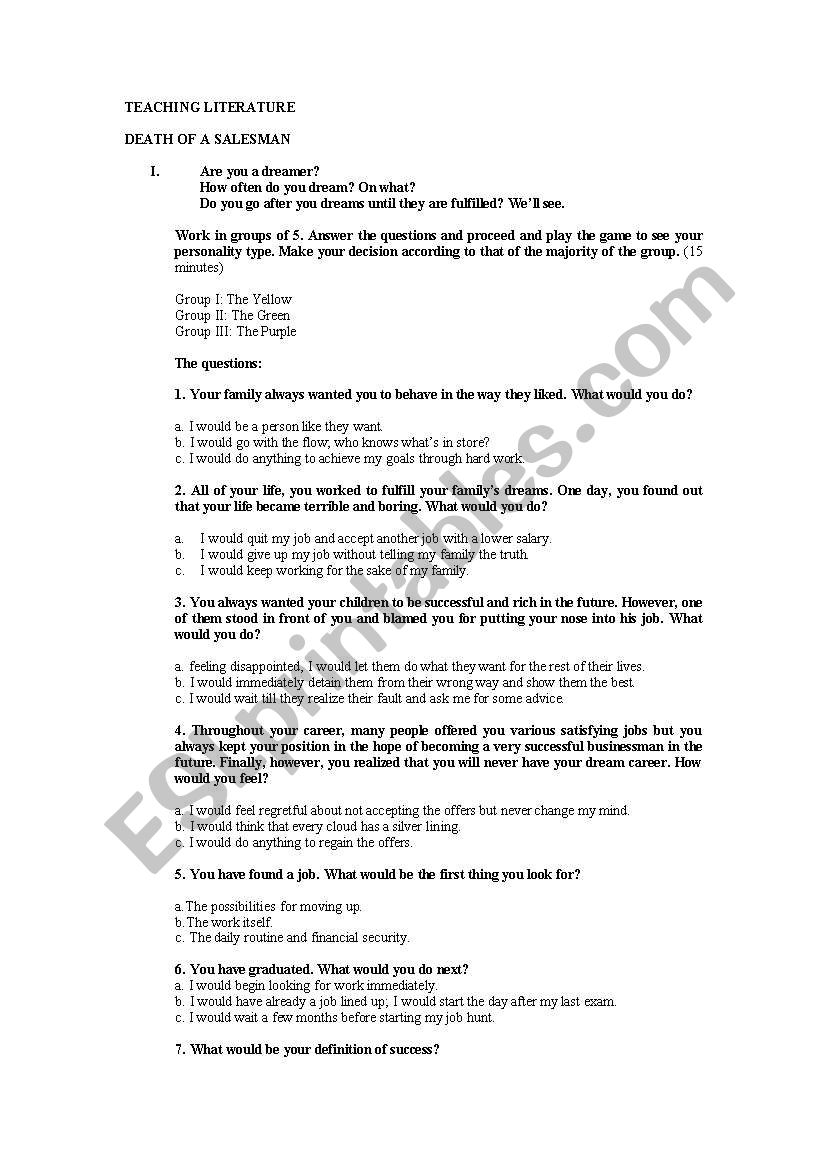 DEATH OF A SALESMAN worksheet