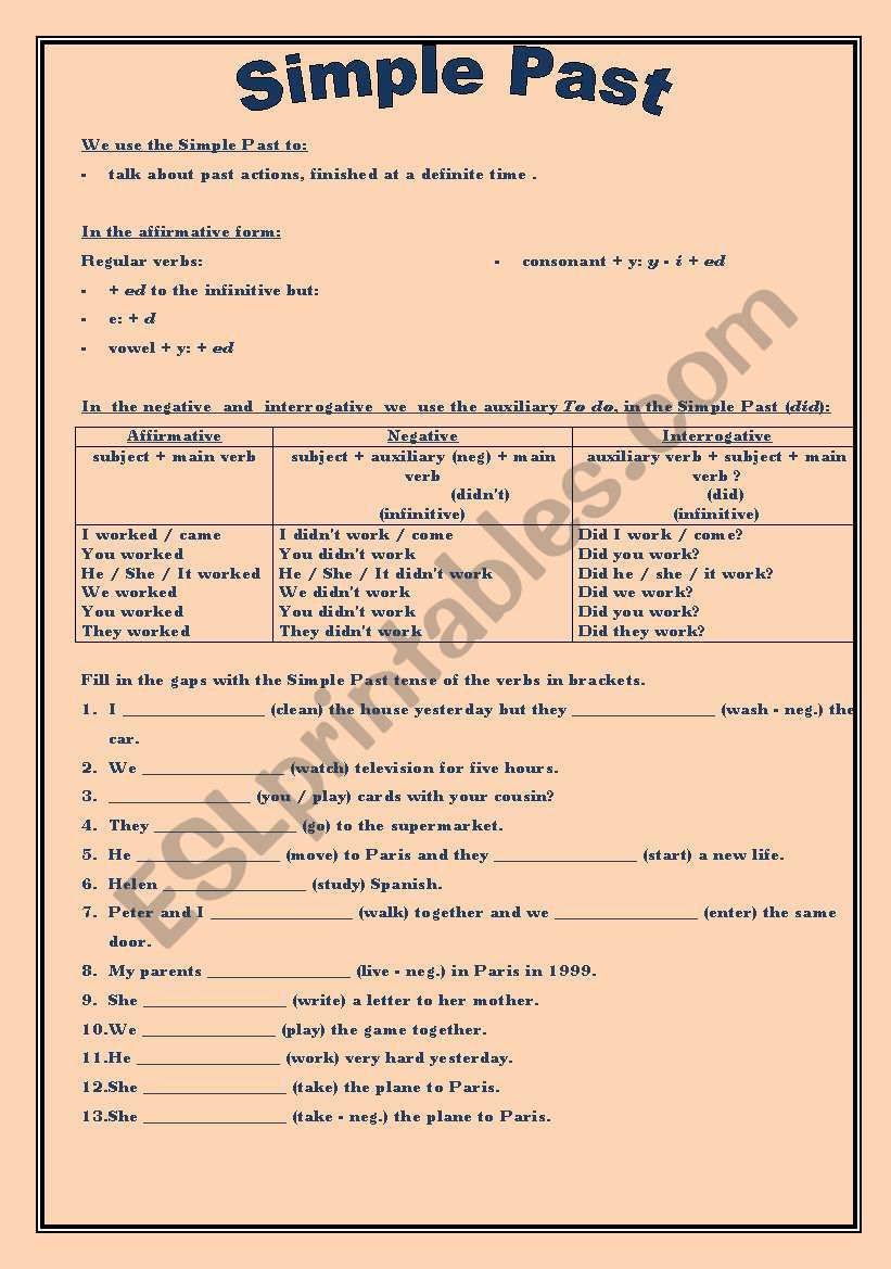 SIMPLE PAST revision worksheet