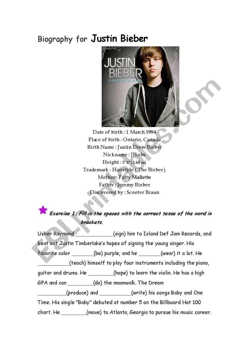 Justin Bieber- tenses, personal information, comprehension, T & F questions and writing an email (KEY included)