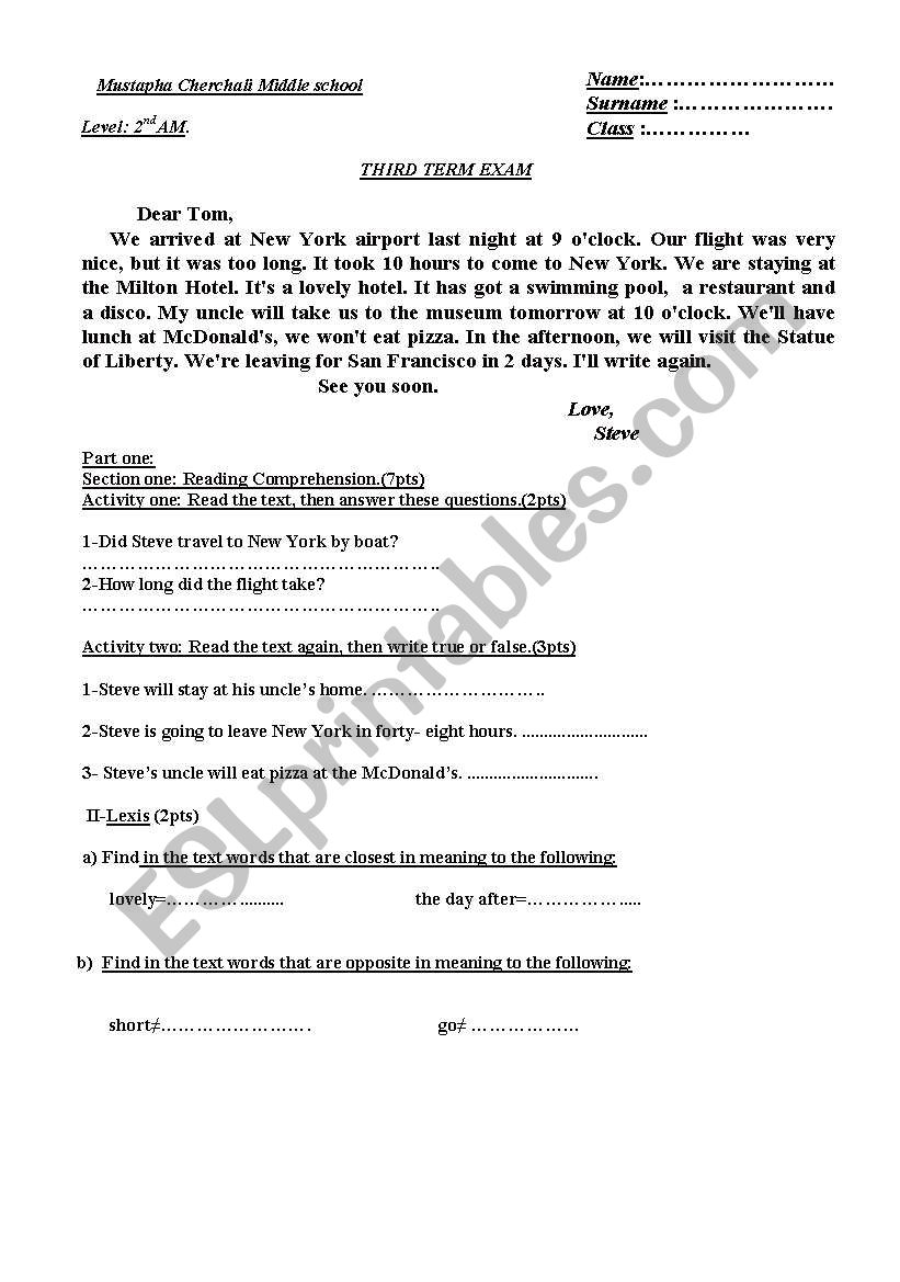 THIRD TERM EXAM  worksheet