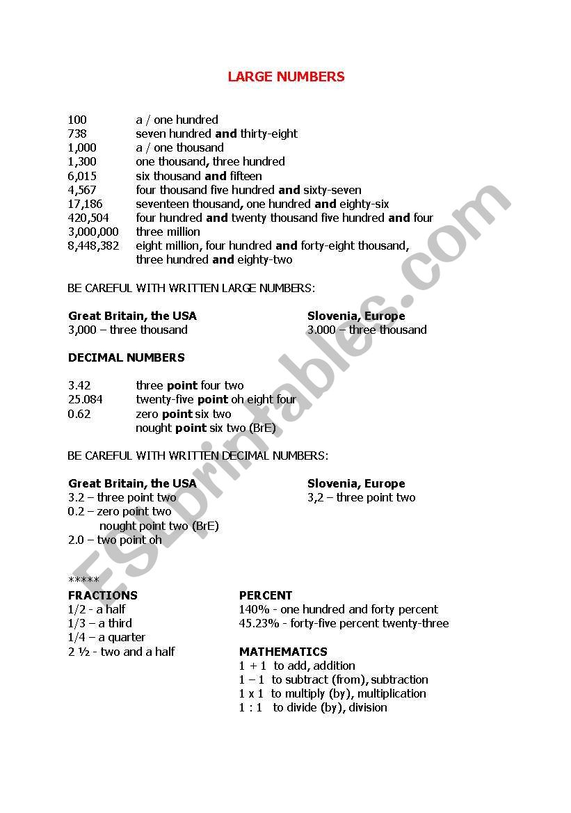 Large numbers worksheet