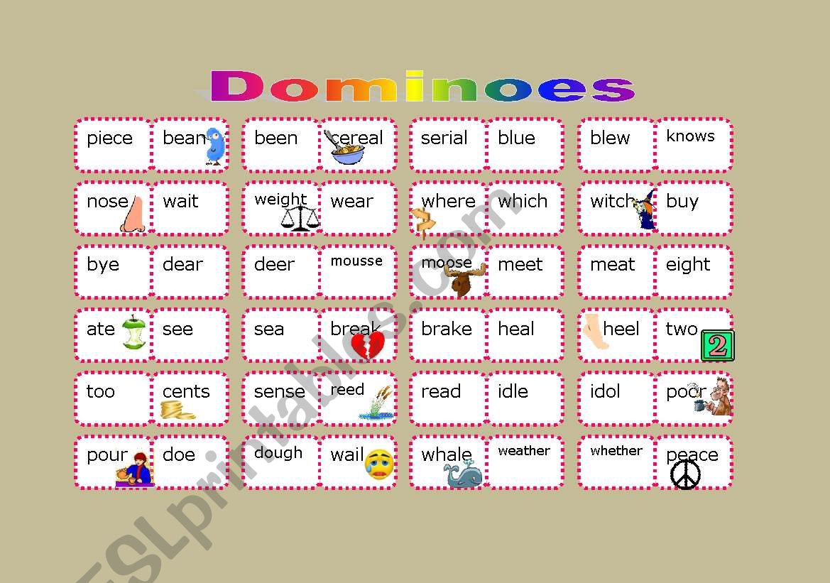 Homophone dominoes worksheet