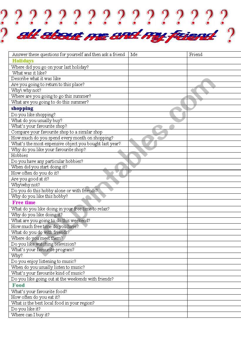  all about me level four  worksheet