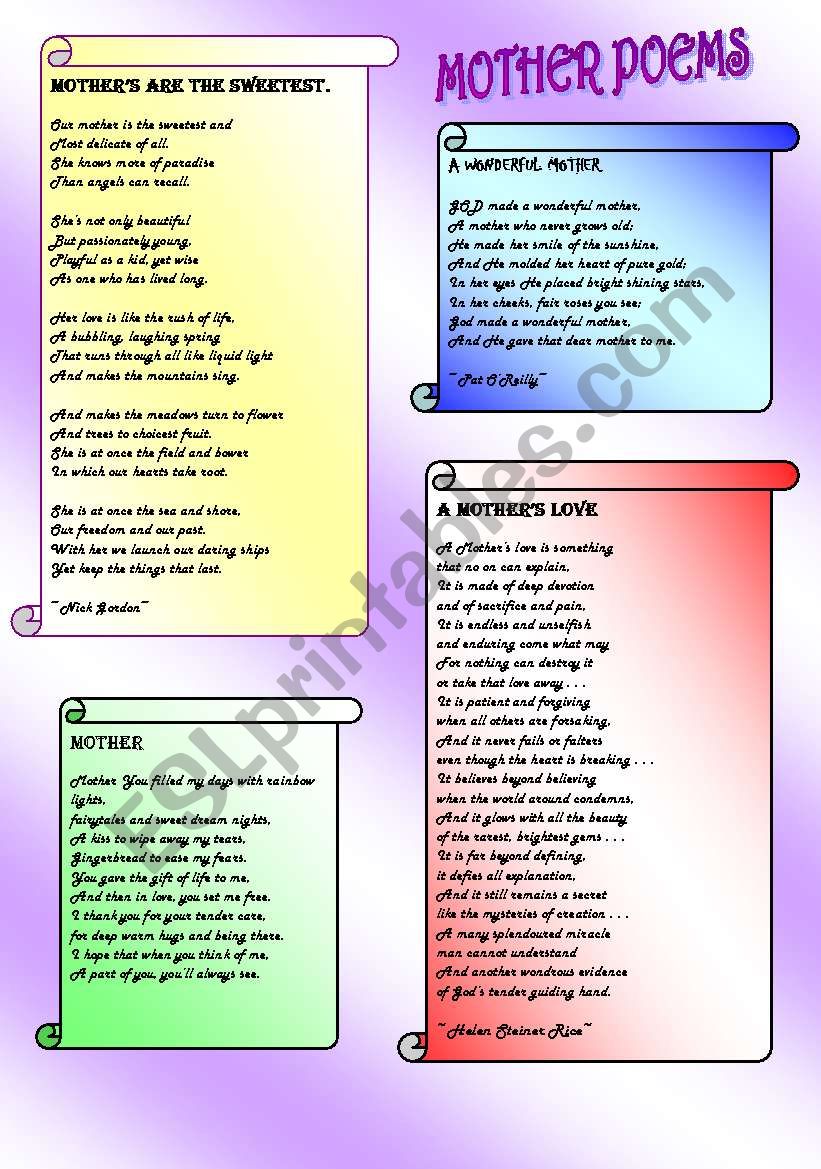 SOME MOTHER POEMS worksheet