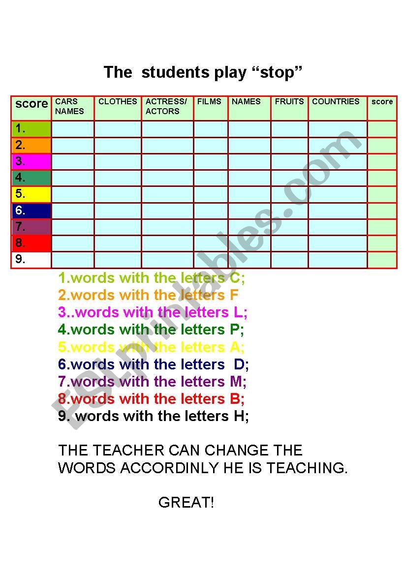 STOP worksheet