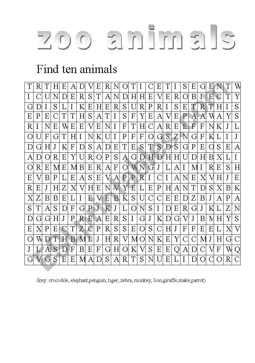 zoo animals wordsearch worksheet