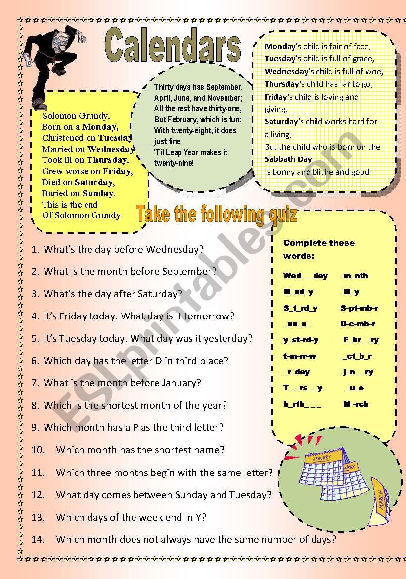 Calendar Quiz or game worksheet