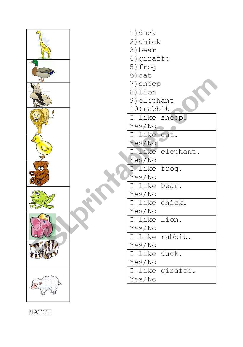 Matching animals worksheet