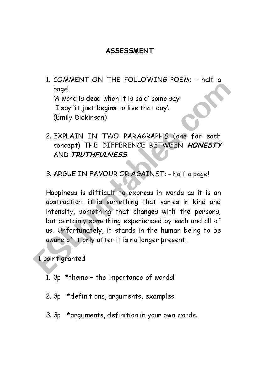 Assessment on reading comprehension