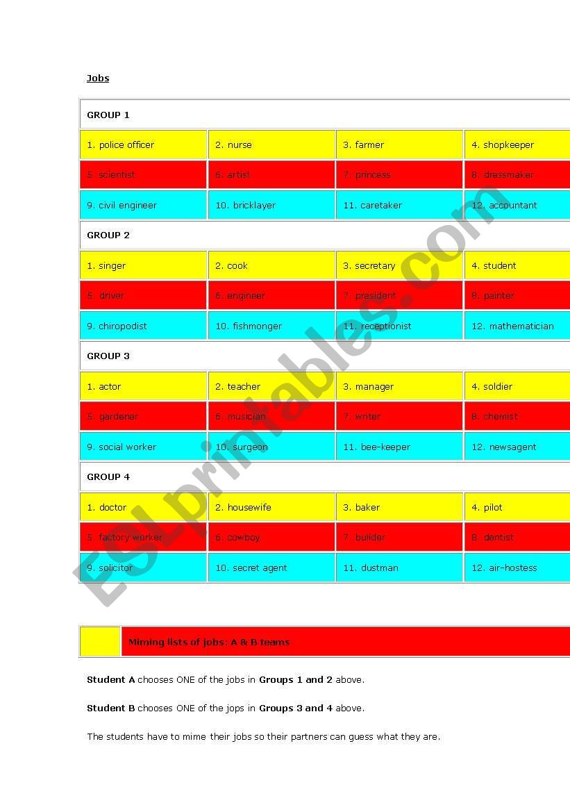 practise job names worksheet