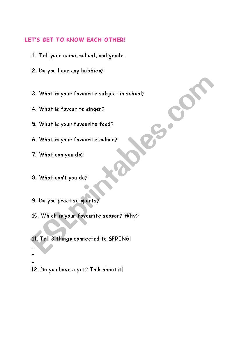 Lets get to know each other! worksheet