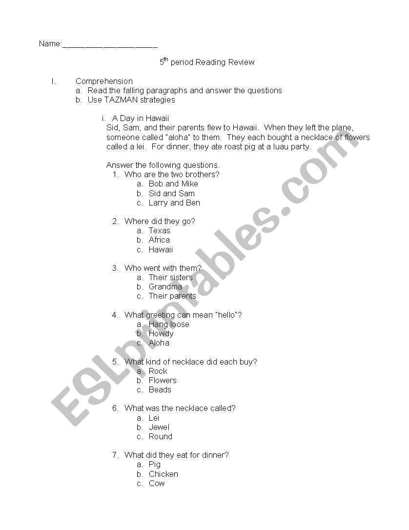 English Exam review worksheet