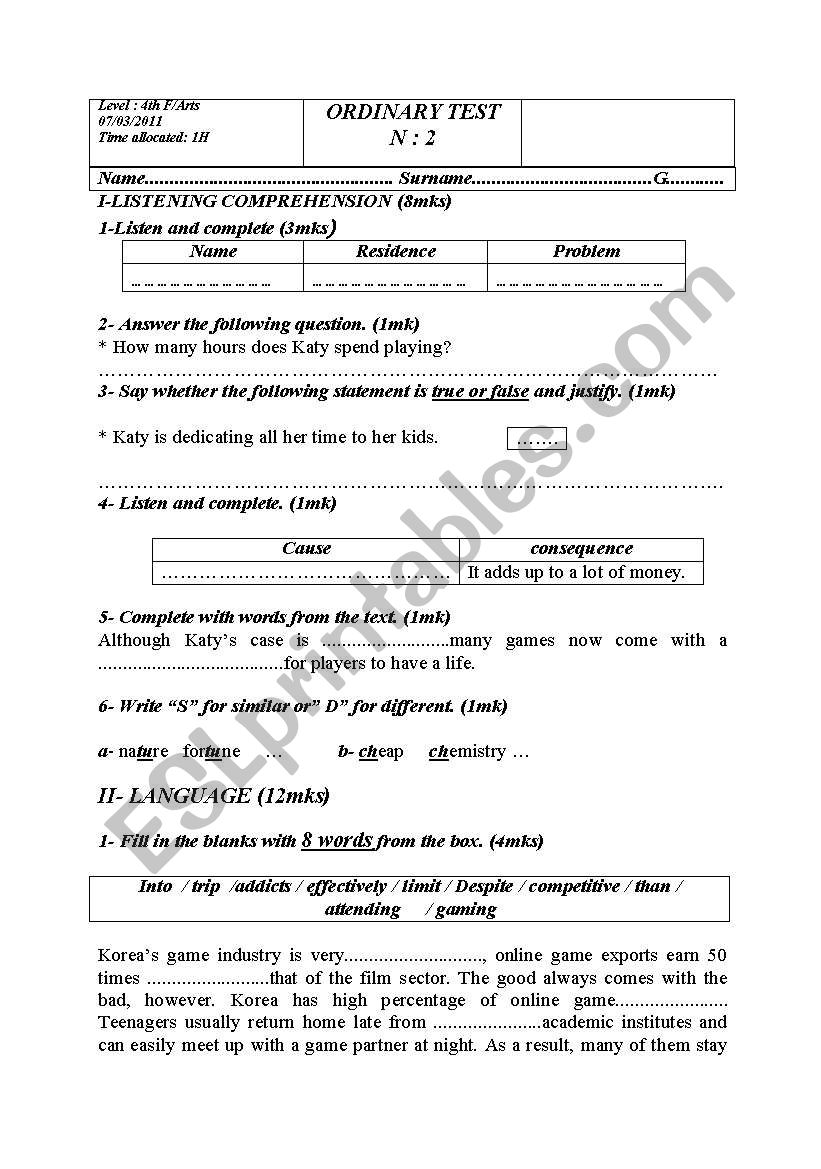 ordinary test for 4th form arts