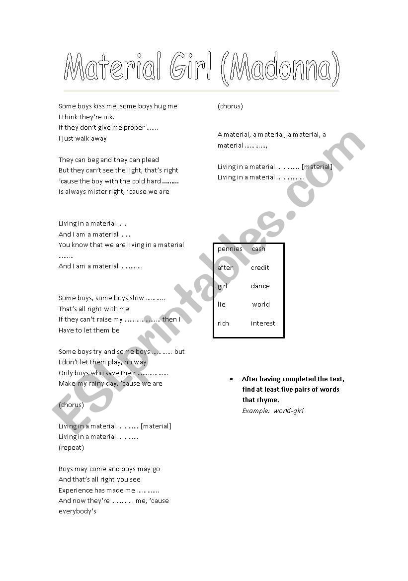 Material Girl (Madonna) worksheet