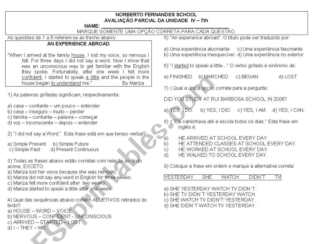 english test worksheet