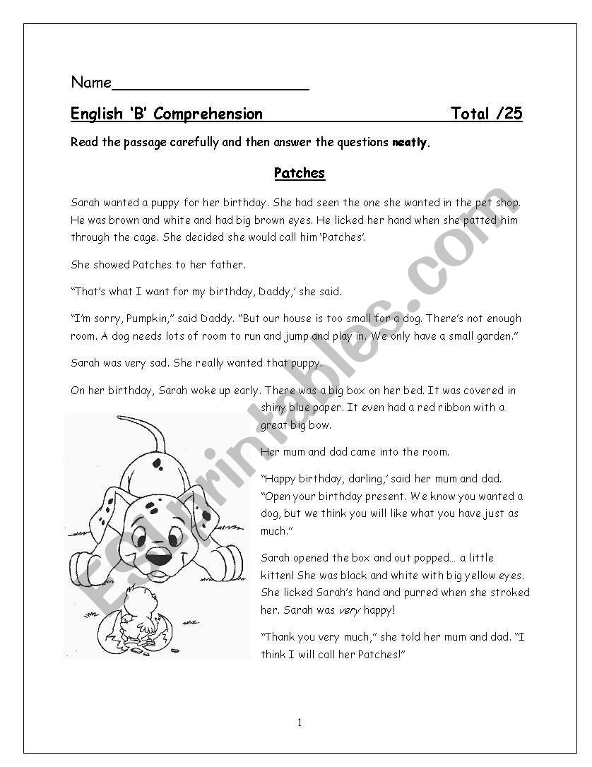 Patches Comprehension worksheet