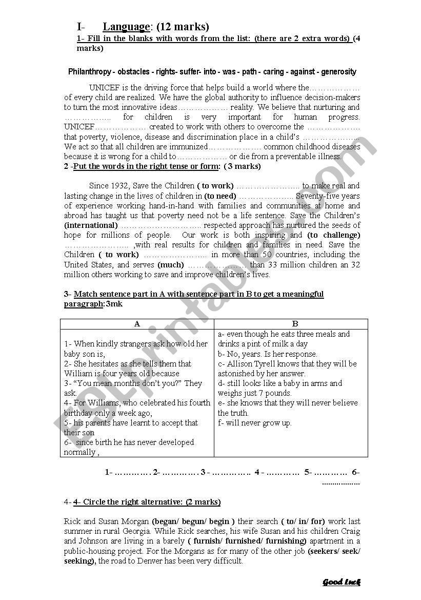 mid term test 1 3rd year S.Ed Tunisian pupils 