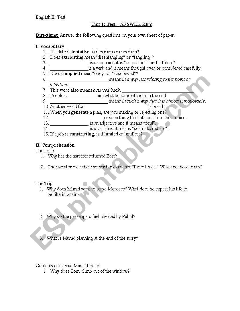 Test I worksheet