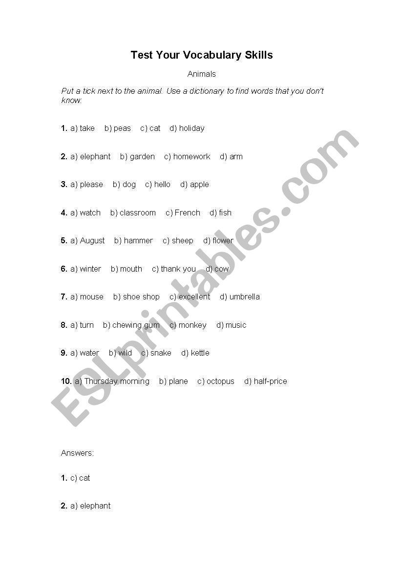 Vocabulary-Animals worksheet