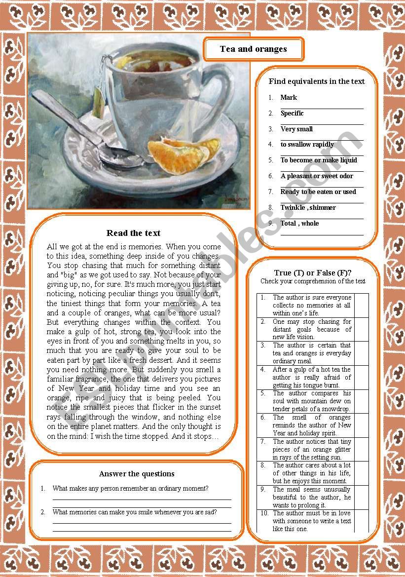 Tea and oranges worksheet Tea and oranges worksheet