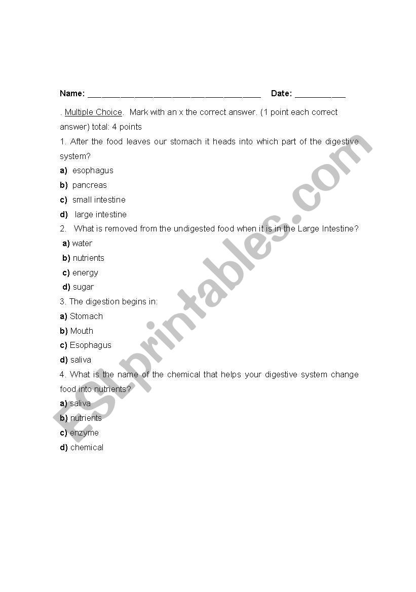 Digestive System quiz worksheet