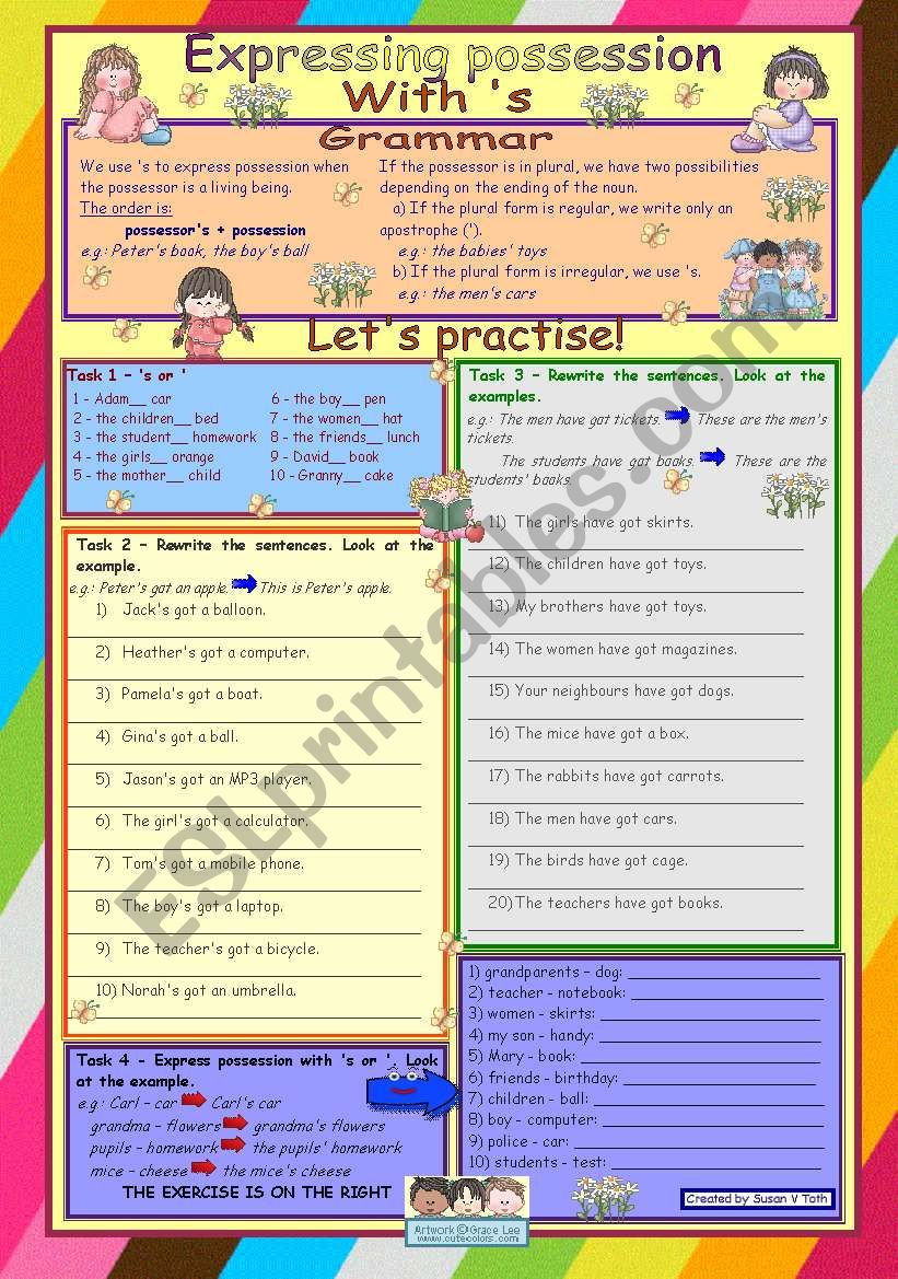 Expressing possession with s *** elementary level *** 2 pages *** 8 tasks *** key *** fully editable ***