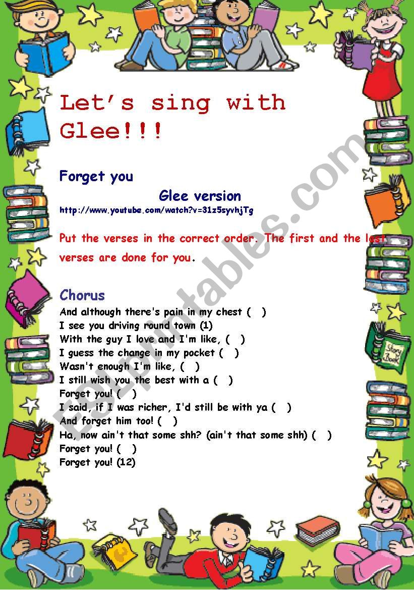 Filling in : Singing with Glee : Forget you - with answer sheet