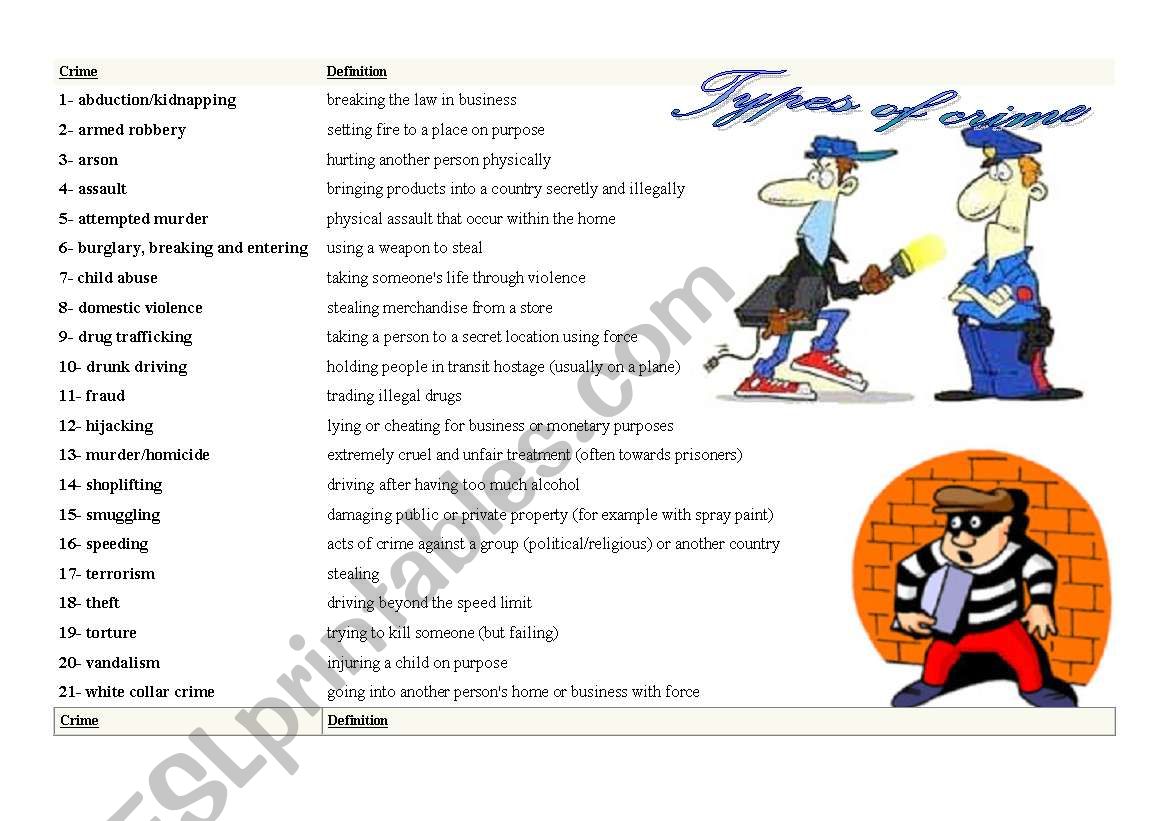 Types of crime worksheet