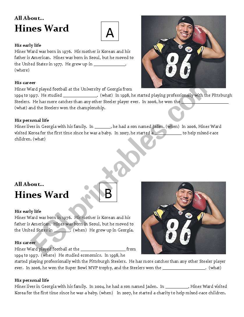 Hines Ward jigsaw biography - Past tense questions