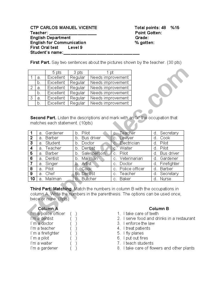 Oral test  worksheet