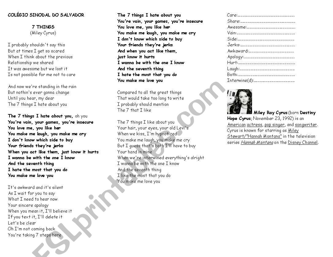 lyrics worksheet ideas