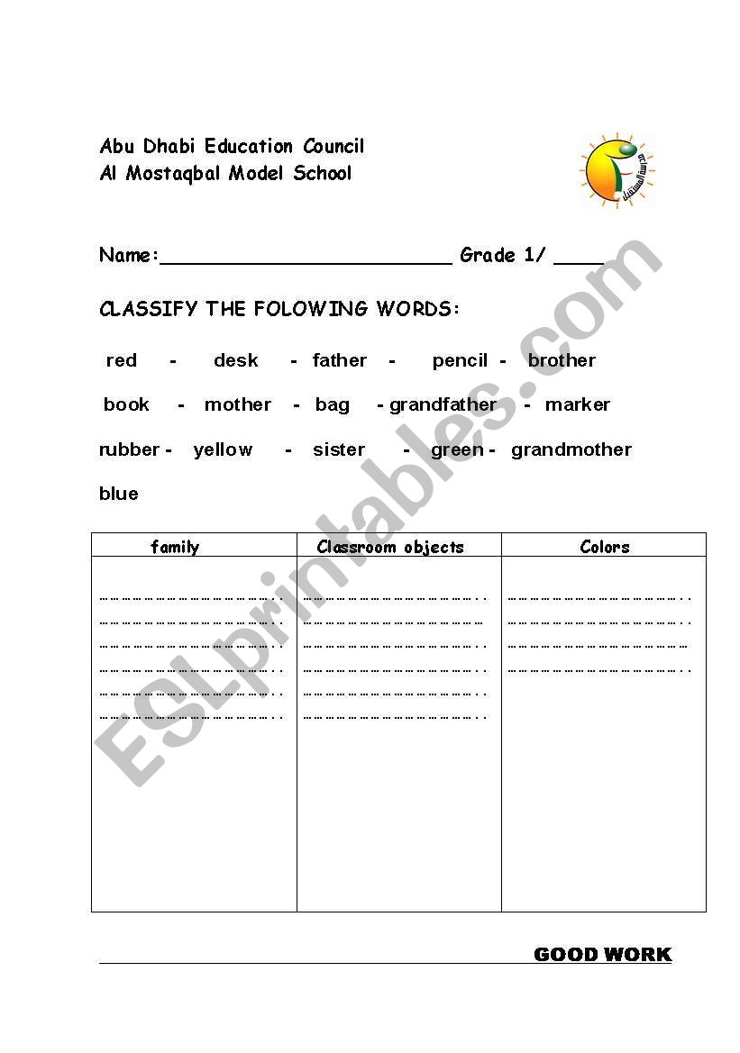 classification worksheet