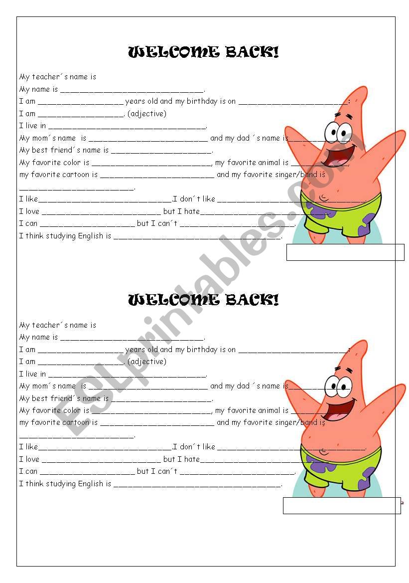 welcome back! worksheet