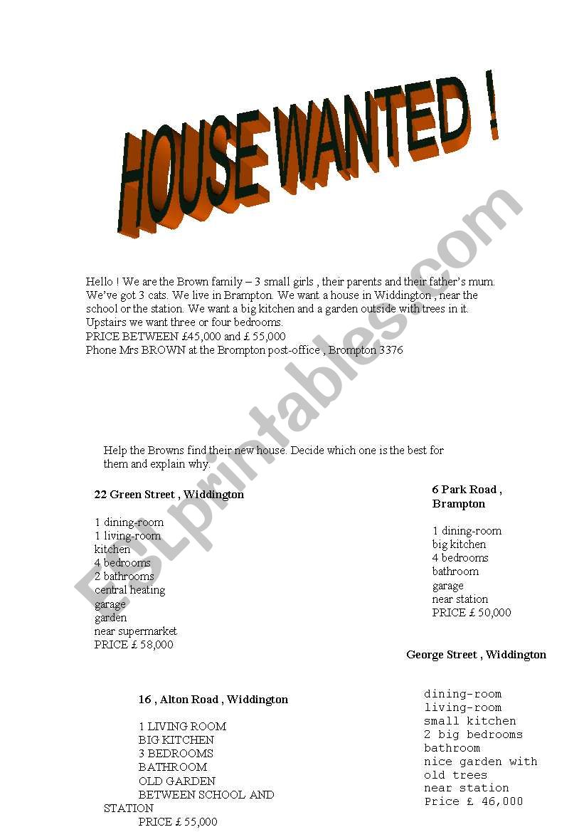 HOUSE WANTED worksheet