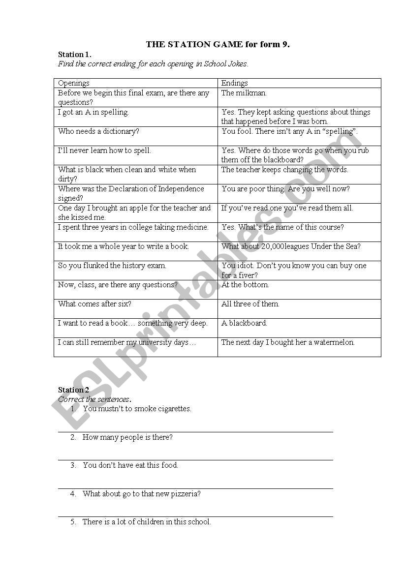 Station Game worksheet