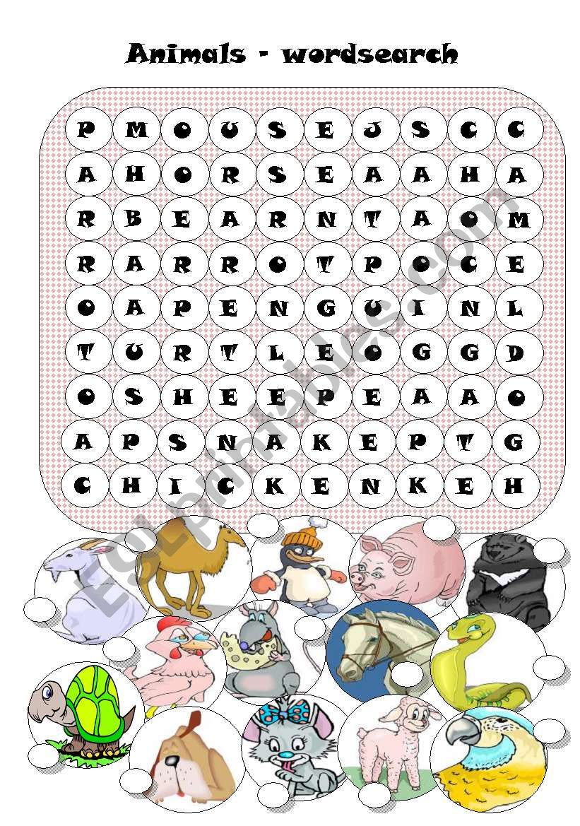 animals wordsearch worksheet