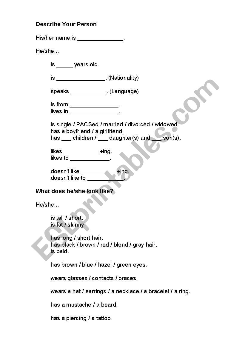 how to describe a person worksheet