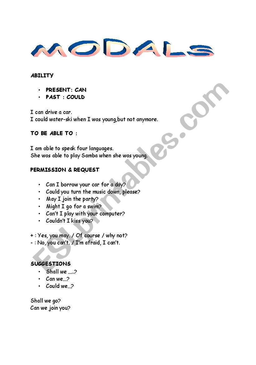 PAST AND PRESENT MODAL worksheet