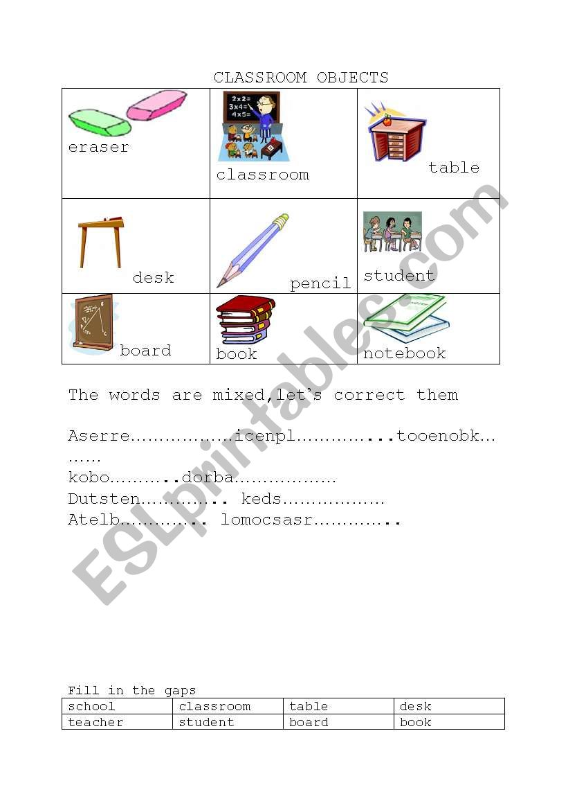 classroom objects worksheet