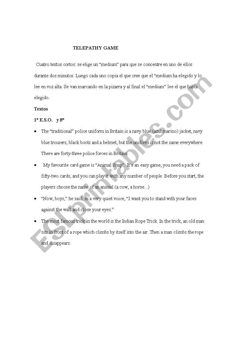 telepathy game worksheet