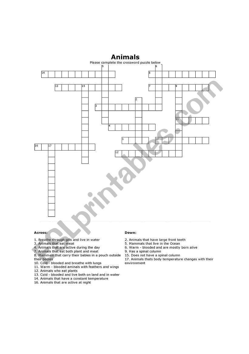 Animals crosswords worksheet
